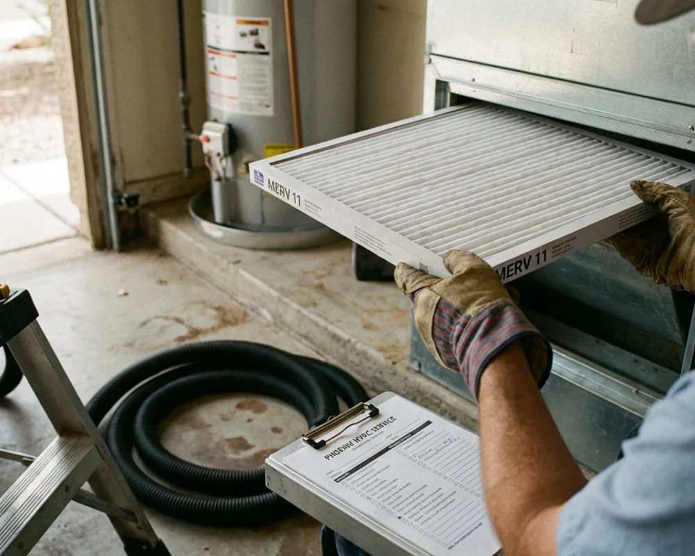 Technician performing seasonal HVAC tune-up and inspection