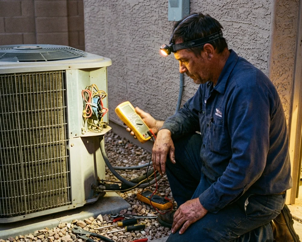 HVAC technician diagnosing an air conditioning unit at night